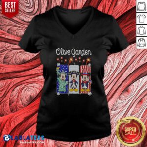 Official Olive Garden Mickey Mouse As Statue Of Liberty And Uncle Sam USA v neck optimized graphic tee