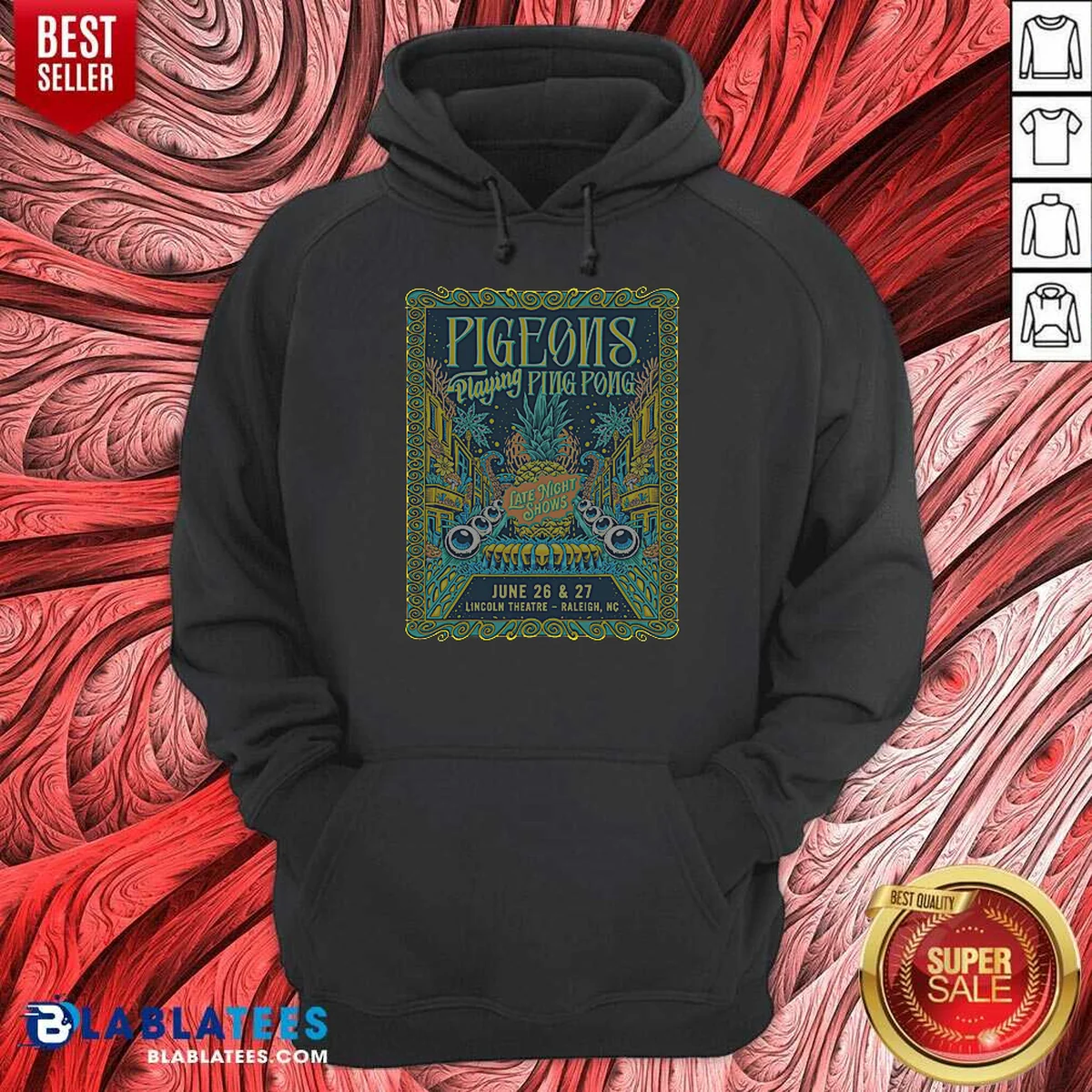 Pretty Pigeons Playing Ping Pong 6 26 6 27 2026 Raleigh NC Poster Hoodie optimized image showing front view of a comfortable pullover hoodie