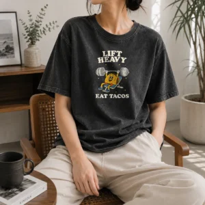 Awesome Lift Heavy Eat Tacos washed t shirt in soft fabric with casual fit