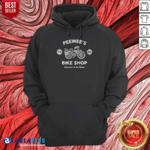 Awesome Peewee'S Bike Shop 1985 Basement Of The Alamo Pee Wee'S Big Adventure Hoodie hoodie optimized in black, front view with kangaroo pocket and drawstring hood