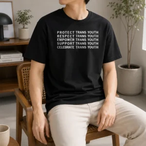 Awesome Protect Respect Empower Support And Celebrate Trans Youth t shirt in classic fit, white color, front view