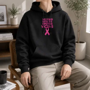 Hot Original We Stand With The Epstein Victims Pink Ribbon Hoodie in pink with front pocket and drawstring hood