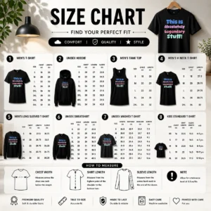 Size chart and sizing guide for Nice Original This Is Absolutely Legendary Stuff Inspirational with measurements in inches and cm