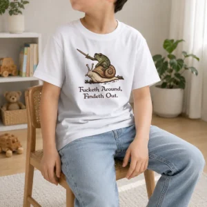 Original Fucketh Around Findeth Out Frog Snail Kids T Shirt featuring bold graphic on a comfortable cotton kid t shirt
