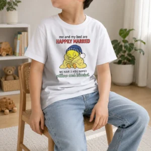 Original Tweety And My Bed Are Happily Married We Have 2 Kids Named Pillow Blanket Kids T Shirt in bright yellow cotton fabric
