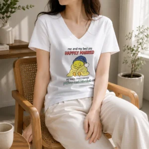 Original Tweety And My Bed Are Happily Married We Have 2 Kids Named Pillow Blanket V-Neck Shirt
