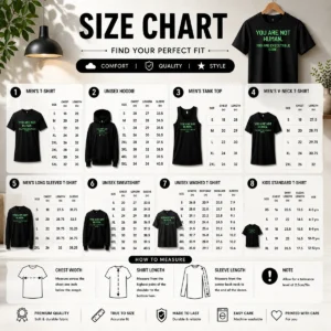 Size chart for Original You Are Not Human showing garment measurements in inches and centimeters