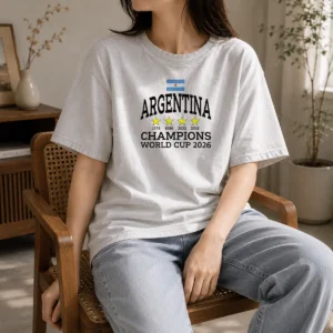 Premium Argentina Champions FIFA World Cup 2026 washed t shirt showing front view in light blue and white colors