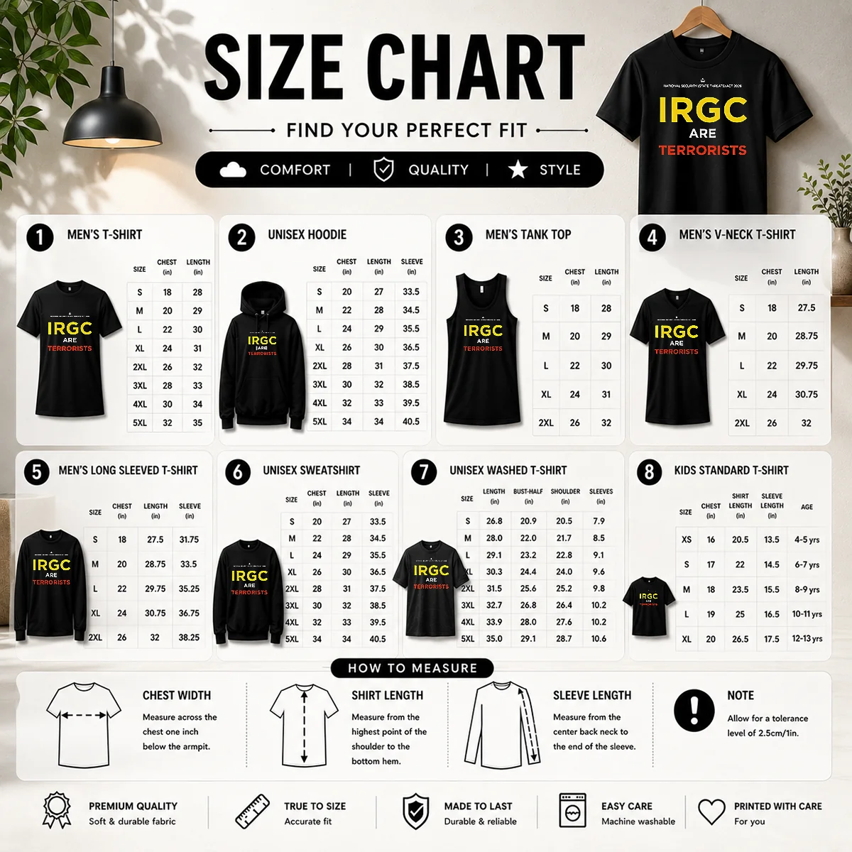 Premium Awesome IRGC Are Terrorists National Security State Threats Act 2026 Size Chart Size chart for Premium Awesome IRGC Are Terrorists National Security State Threats Act 2026 with measurements in inches and cm