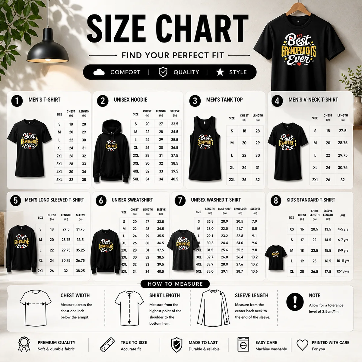 Premium Best Grandparents Ever Silhouette Size Chart Size chart for Premium Best Grandparents Ever Silhouette with measurements in inches and centimeters