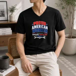 Awesome Pretty Labour Day Proud American Worker Typography V-Neck Shirt