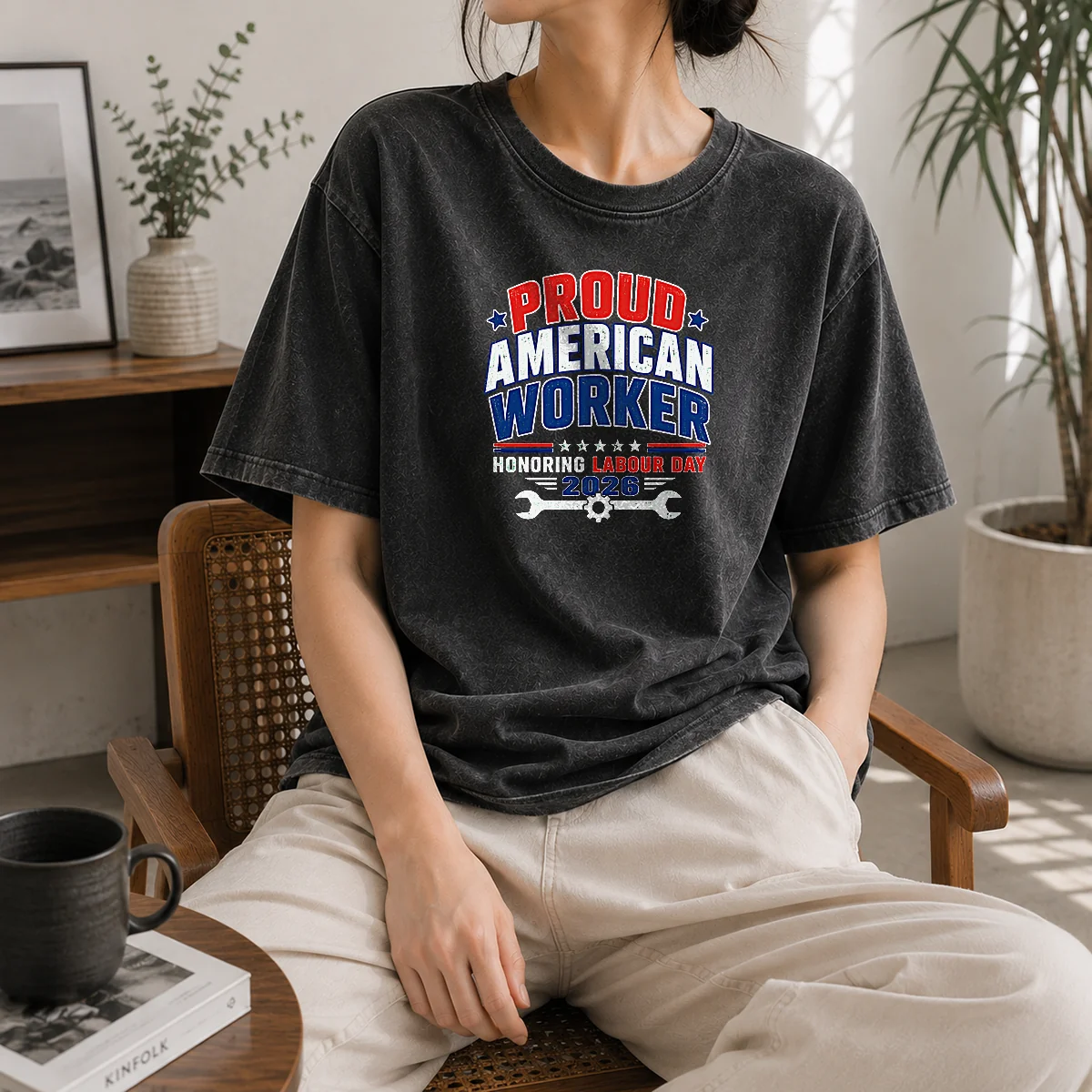 Awesome Pretty Labour Day Proud American Worker Typography Washed T-Shirt