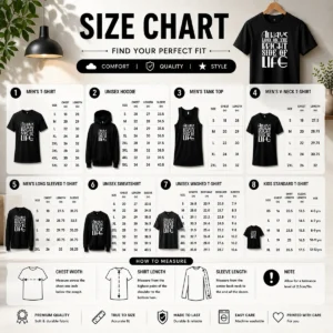 Size chart for Awesome Top Inspirational Quote Always Look On The Bright Side Of Life with measurements in inches and cm to help choose the right fit