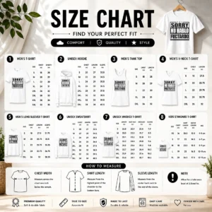 Size chart for Funny Sorry No Hablo Fuctardo Sarcastic Language Barrier with measurements in inches and cm to help choose the right fit