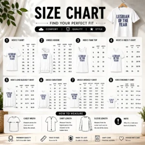 Size chart for Good Awesome Top Loty Lesbian Of The Year with measurements in inches and cm to help choose the right fit