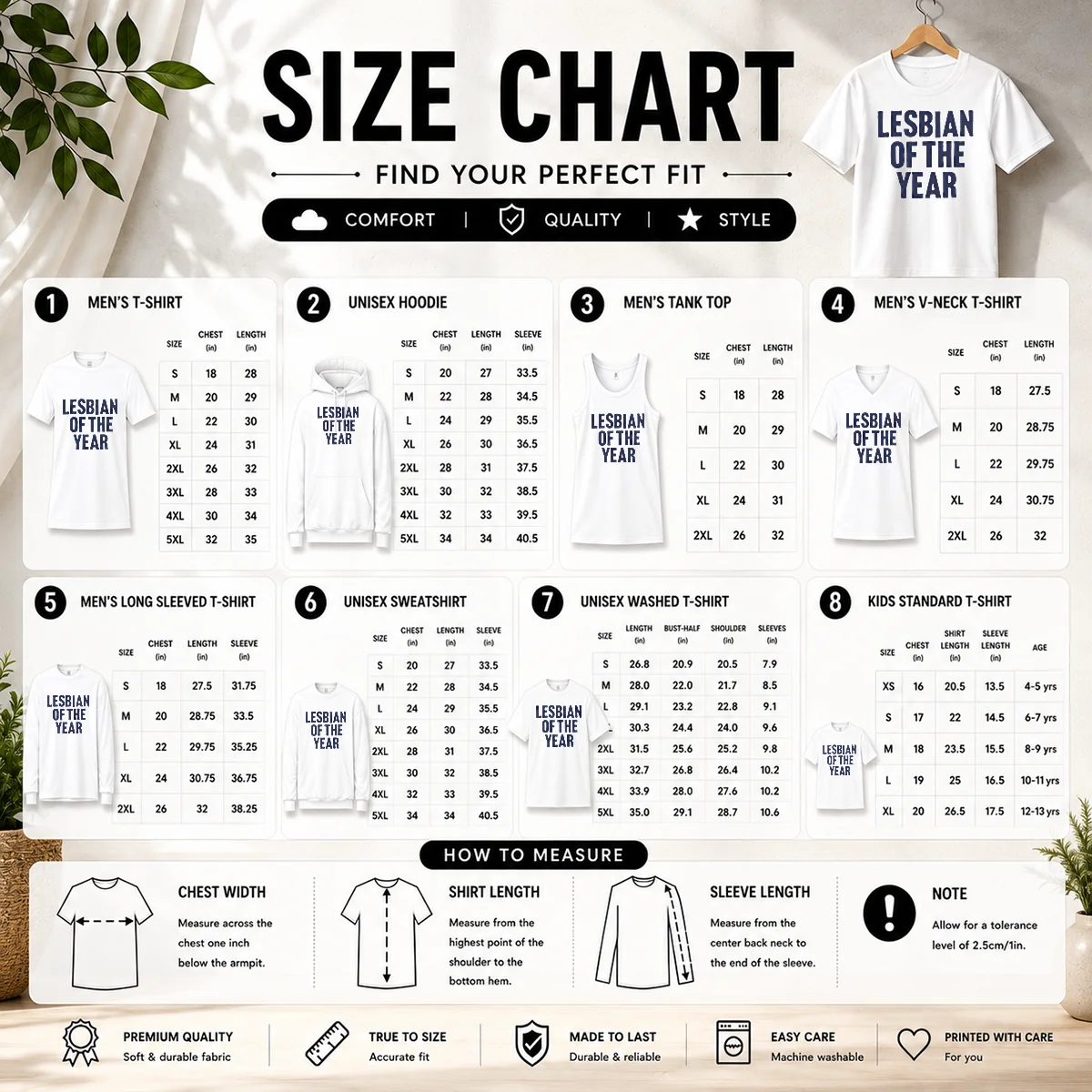 Good Awesome Top Loty Lesbian Of The Year Size Chart Size chart for Good Awesome Top Loty Lesbian Of The Year with measurements in inches and cm to help choose the right fit