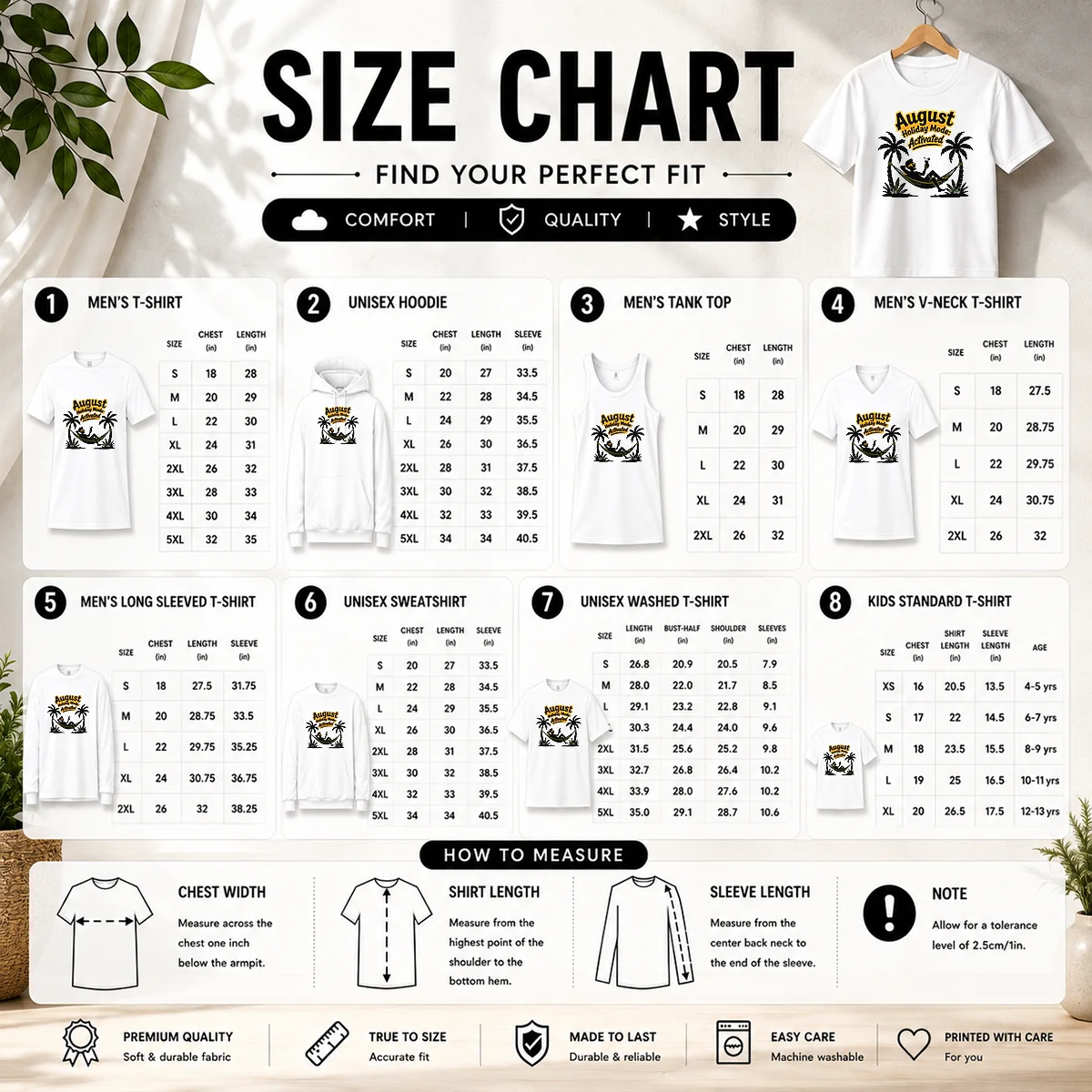 Hot Official August Holiday Silhouette For Proud Summer Relaxers Size Chart Size chart for Hot Official August Holiday Silhouette For Proud Summer Relaxers with measurements in inches and cm to help choose the right fit