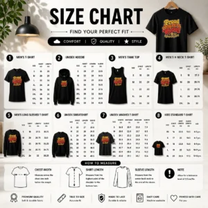 Size chart for Hot Pretty Proud American Worker Labour Day 2026 Groovy Retro with measurements in inches and cm to help choose the right fit