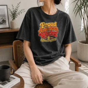 Hot Pretty Proud American Worker Labour Day 2026 Groovy Retro Washed T-Shirt
