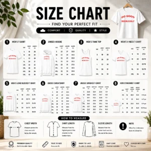 Size chart for Nice Funny Do Good Recklessly Motivational Quote with measurements in inches and cm to help choose the right fit