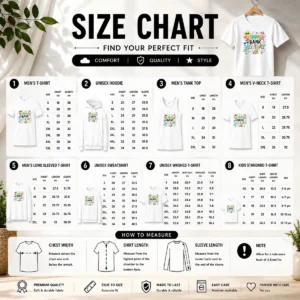 Size chart for Official Good Doodle Summer Bank Holiday Beach Fun ICE Cream with measurements in inches and cm to help choose the right fit