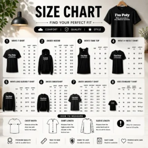 Size chart for Original I'M Poly Poly Gonna Have The Chicken Tenders with measurements in inches and cm to help choose the right fit