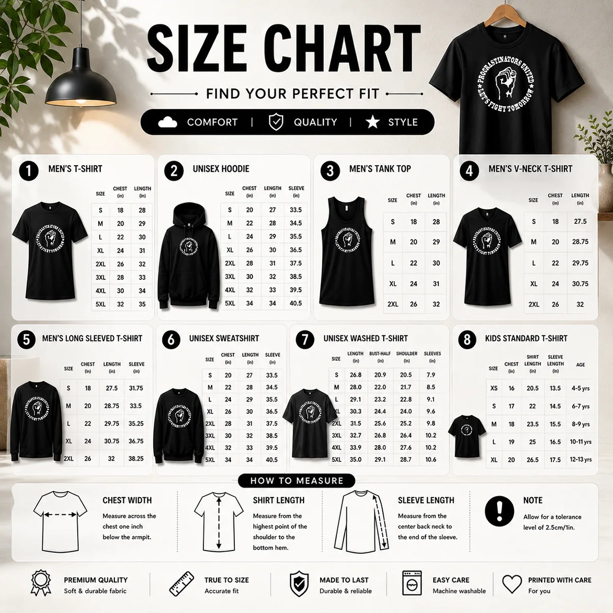 Premium Good Procrastinators Union Let'S Fight Tomorrow Geek Size Chart Size chart for Premium Good Procrastinators Union Let'S Fight Tomorrow Geek with measurements in inches and cm to help choose the right fit