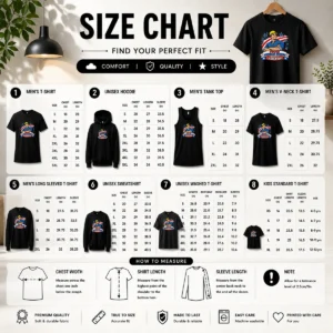 Size chart for Premium Hot Patriotic Labour Day Worker Pop Art with measurements in inches and cm to help choose the right fit