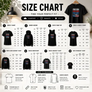Size chart for Pretty Pro God Pro Gun Pro Life Pro Trump Conservative with measurements in inches and cm to help choose the right fit