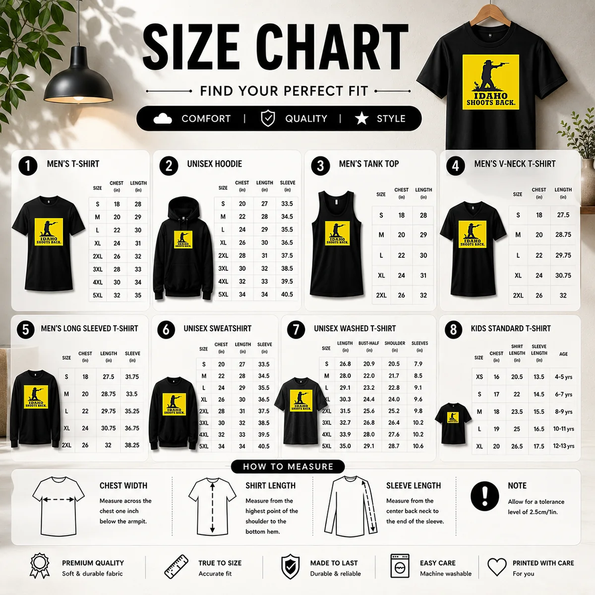 Top Original Idaho Shoots Back Size Chart Size chart for Top Original Idaho Shoots Back with measurements in inches and cm to help choose the right fit